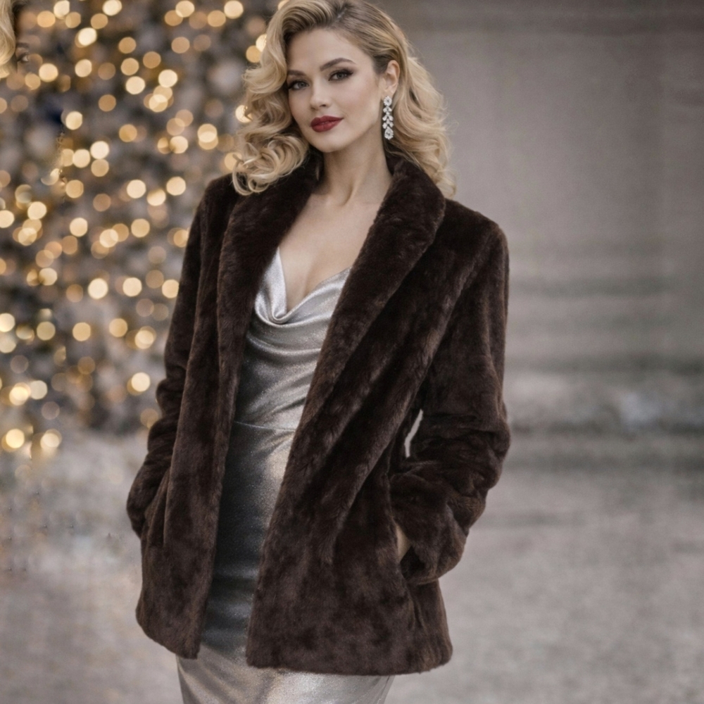 VINTAGE Bespoke Chocolate Faux Fur Stix Baer&Fuller Coat Glam Old Money Lux L XL